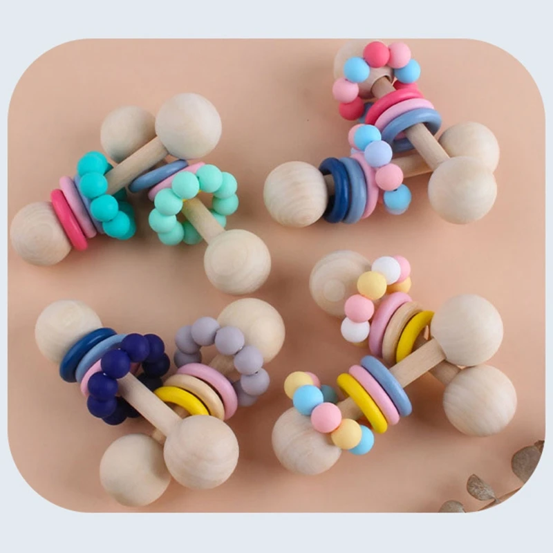 

Baby Wooden Music Rattle Silicone Beads Teether Infants Soother Molar Nursing J2HD
