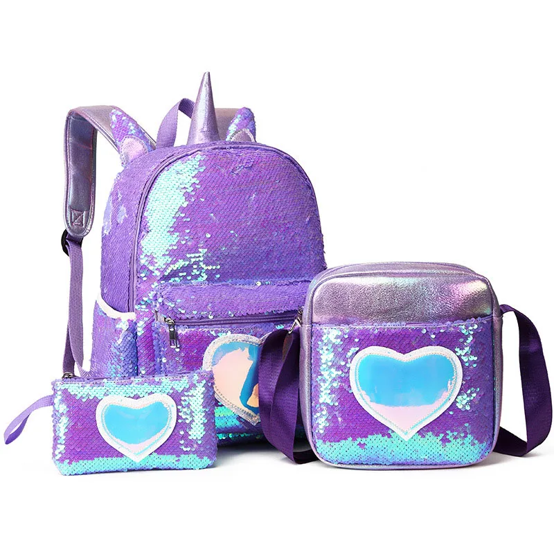Cute 3pcs Sequins Unicorn Primary Student School Bag Set Kids Backpack for Teenager Girls Cartoon Children Christmas Gift