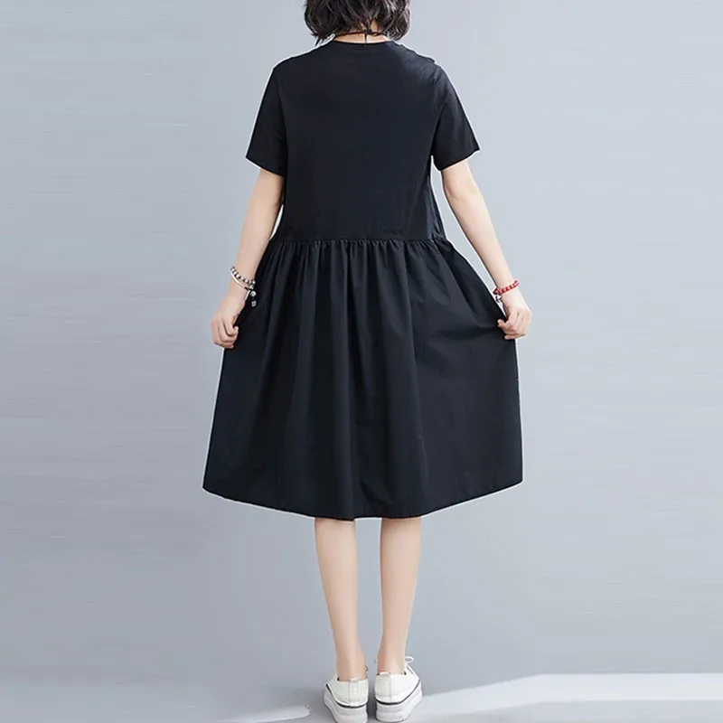 

Women Cotton Casual Dress New 2021 Summer Simple Style Patchwork Color Loose Comfortable Female Knee-length Dresses S3109