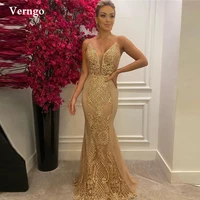 verngo 2021 gold champagne mermaid prom dresses lace appliquqe spaghtti straps backless luxury duabi women evening dress