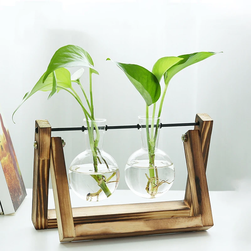 

Hydroponic Plant Vases Vintage Flower Pot Transparent Vase Wooden Frame Glass Tabletop Plants Home Bonsai Decor