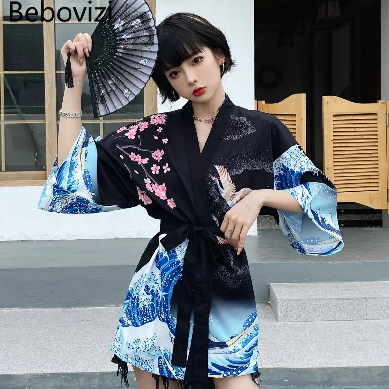 

Japanese Sakura Crane Kimono Women Cardigan Summer Traditional Woman Beach Sexy Yukata Female Obi Fashion Haori Shirt Clothes