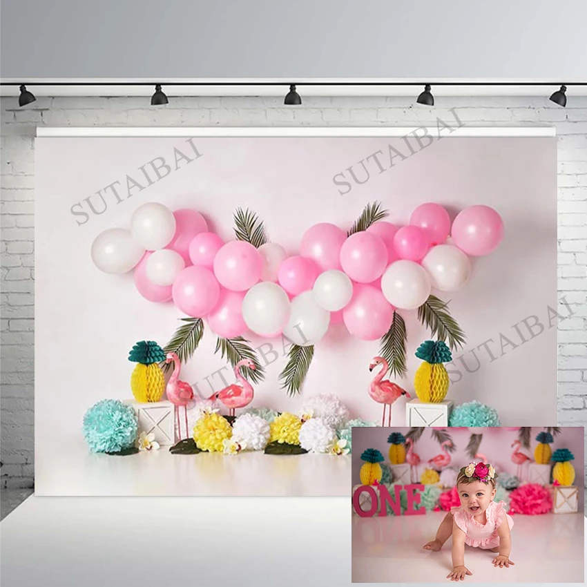 

Children Birthday Backdrops For Photography pink Balloon Flower Flamingo baby Portrait Photo Backgrounds Photo Photocall Studio