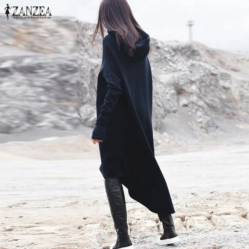 Модная Толстовка Vestidos женские длинные толстовки ZANZEA Повседневные пуловеры с карманами халат женский флисовый джемпер с капюшоном размера плюс
