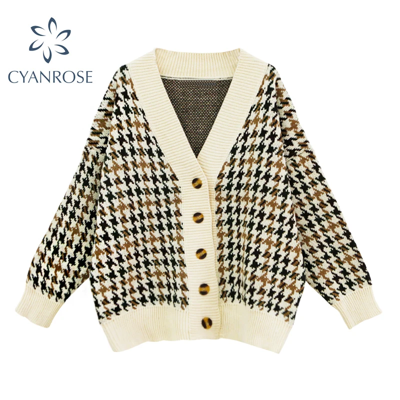 Женский вязаный кардиган в клетку винтажный Повседневный Свободный с длинным
