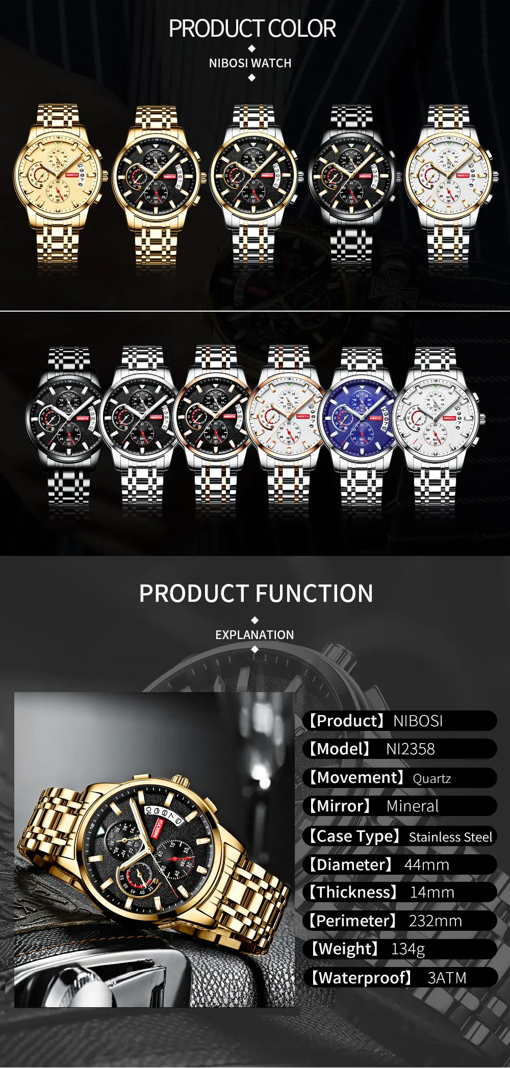 NIBOSI Top Brand Fashion Mens Watches Luxury Stainless steel Quartz Chronograph Clock Waterproof Watch For Men Relogio Masculino