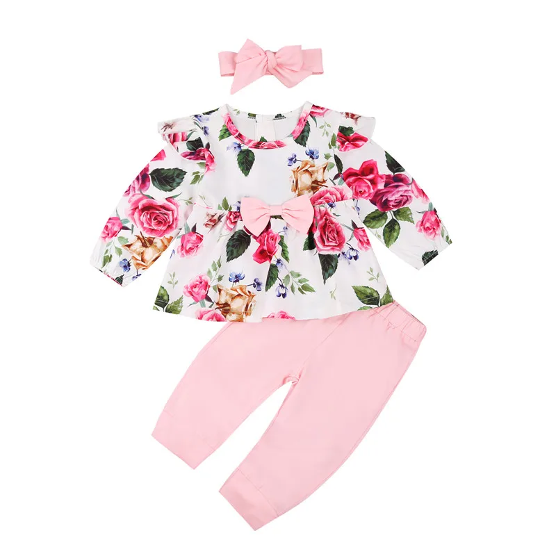 

Baby Girls 3-piece Clothing Set Floral Long Sleeve O-Neck Top Solid Pants Headband 6M-4Y Newborn Toddler Kids Casual Outfits