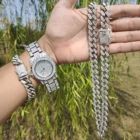 Набор из 3 предметов в стиле хип-хоп выложенные Стразы 13 мм Полная кубинская цепь Майами CZ ожерельлье рэпера + часы + браслет для мужчин и женщин ювелирные изделия