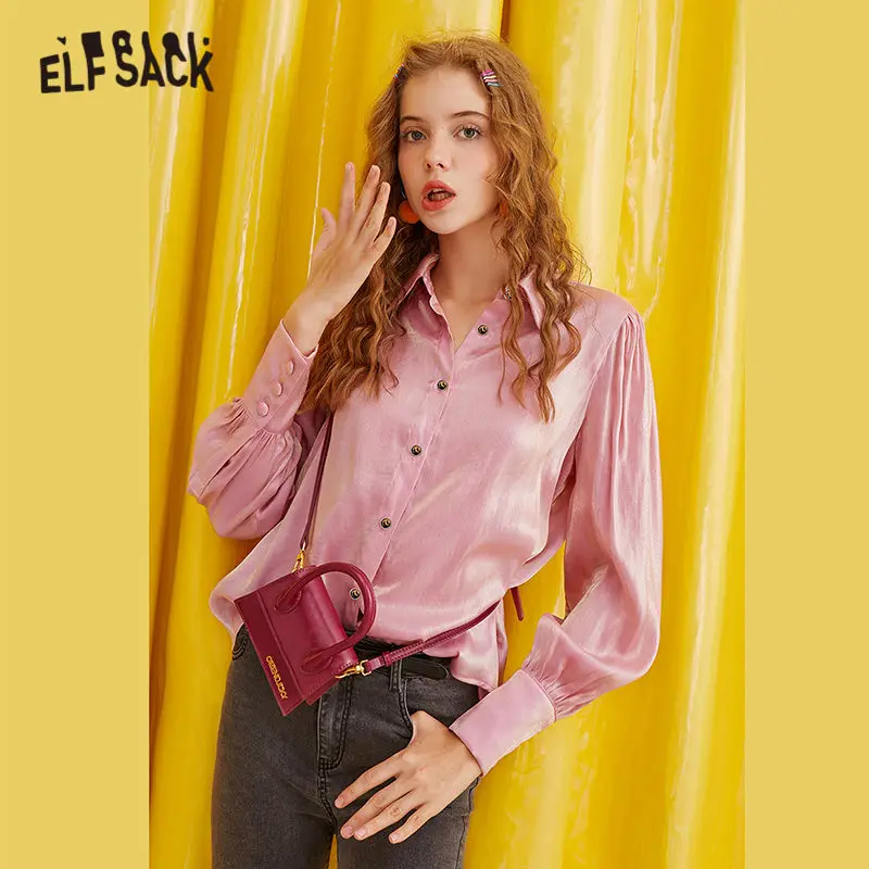 ELFSACK, розовая однотонная сатиновая шифоновая блузка, рубашка для женщин, осень, цвет хаки, однобортный, с рукавом Бишоп, для офиса, женские блузки