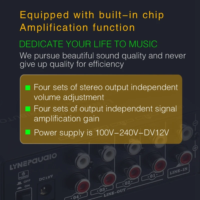 

HIFI Lossless 1 in 4 Out o Stereo Signal Amplifier Allocator,Independent Output, Volume Adjustment-US Plug