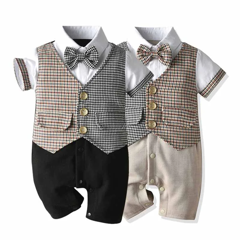 

Newborn Rompers Suit Patchwork Baby Clothes Summer Cotton Fake two-piece vest Romper Little Boy Gentleman Clothes