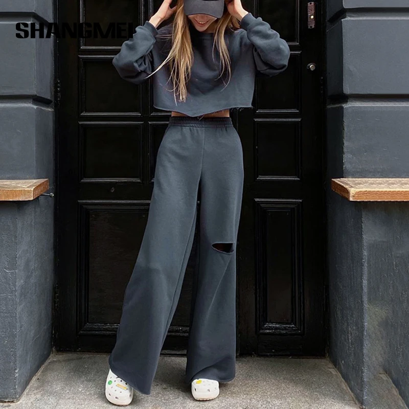 

New Autumn Women's Solid Crop Top Trousers Tracksuit Set Loose Long Sleeve Sweatshirt Hole Pant Sets Female Casual Fashion Suit