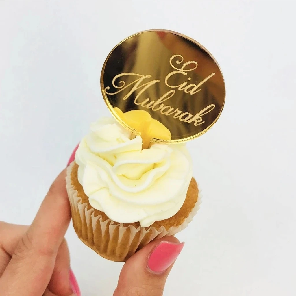 

5PCS Eid Mubarak 5cm Circle Acrylic Cupcake Topper Gold Ramadan Cake Topper for Hajj Mubarak Cake Decorations Muslim Eid Baking