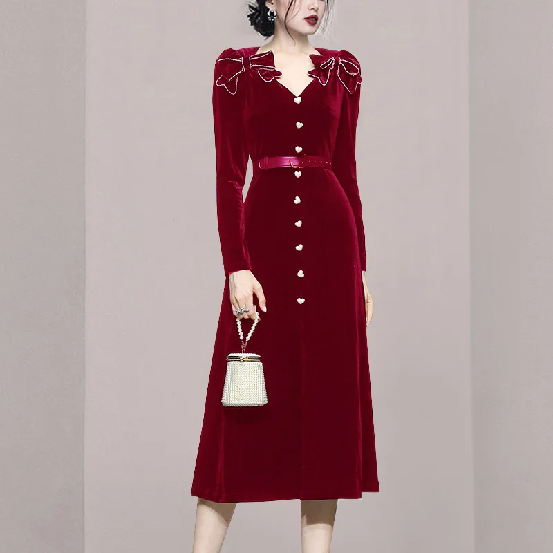 

Fashion Designer Bow Single-Breasted Velvet Dress Women Winter Vintage Elegant Long Sleeve Slim Office Party Dresses