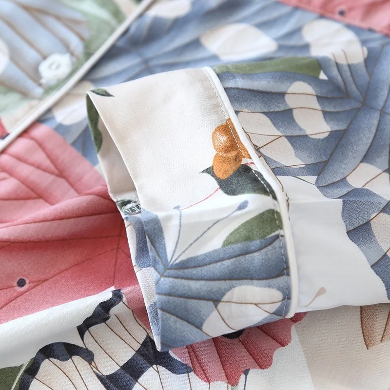 

Pijamas Women 2021 New Spring Long-sleeved Pajamas Set Flower Print Silk Pyjamas Lapel Sleepwear Two Piece Suit Home Wear