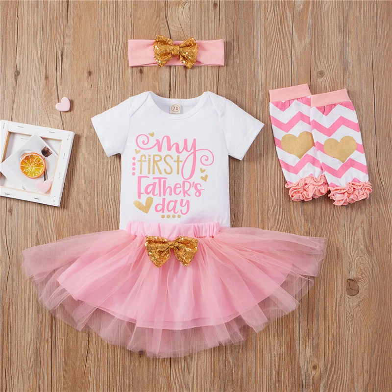 

Baby Girls Father's Day Outfits 4Pcs, Toddler Letters Print Short Sleeves Romper + Tutu Skirt + Leg Warmer + Headband