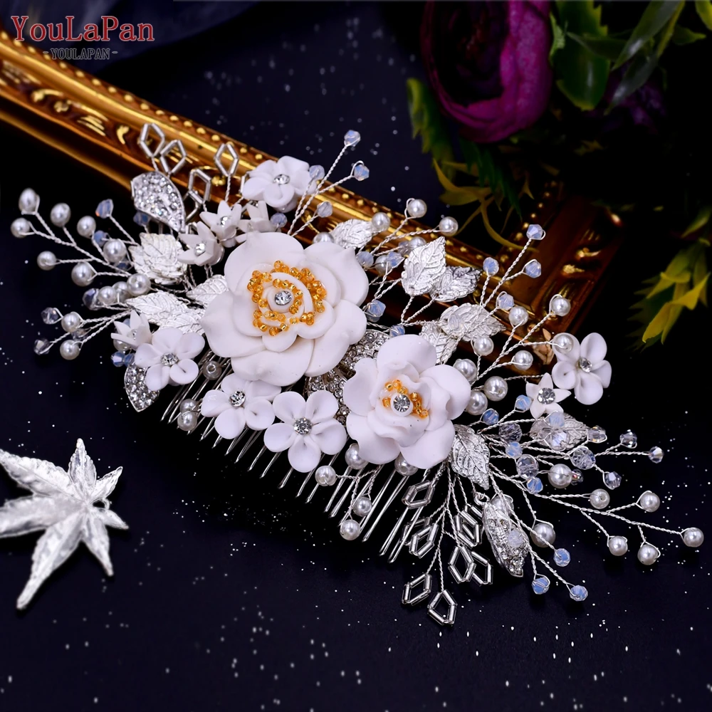 

YouLaPan HP320 Soft Clay Flower Bridal Hair Comb Alloy Leaf Wedding Headwear Pearl Handmade Bridal Headpiece Accessories