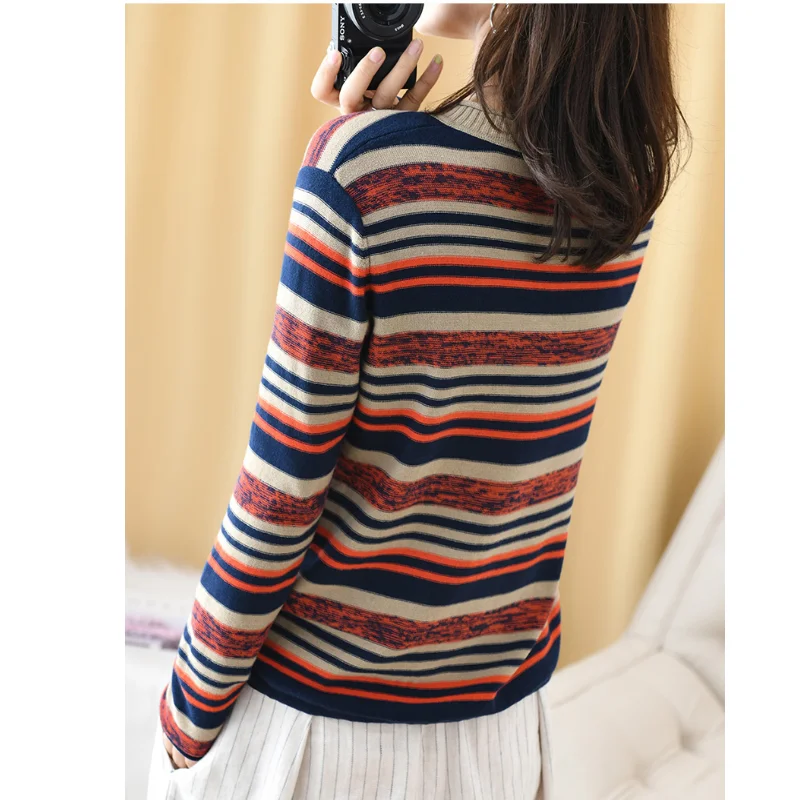 

Women's new Korean version with base coat stripe casual simple knitting Pullover V-neck loose autumn and winter soft warm top