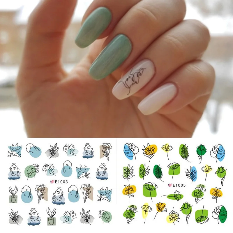 

4Pcs/Set Nail Decals Water Black Line Abstract Lady Face Nail Art Decor Gel Polish Sticker Manicure Rose Flower Stickers