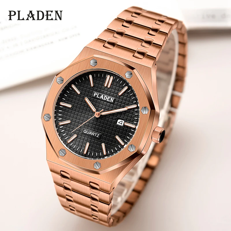 

PLADEN Men's Watches Rose Gold Waterproof Diver Quartz Watch With Stainless Steel Strap & Butterfly Clasp PP Gift For Husband