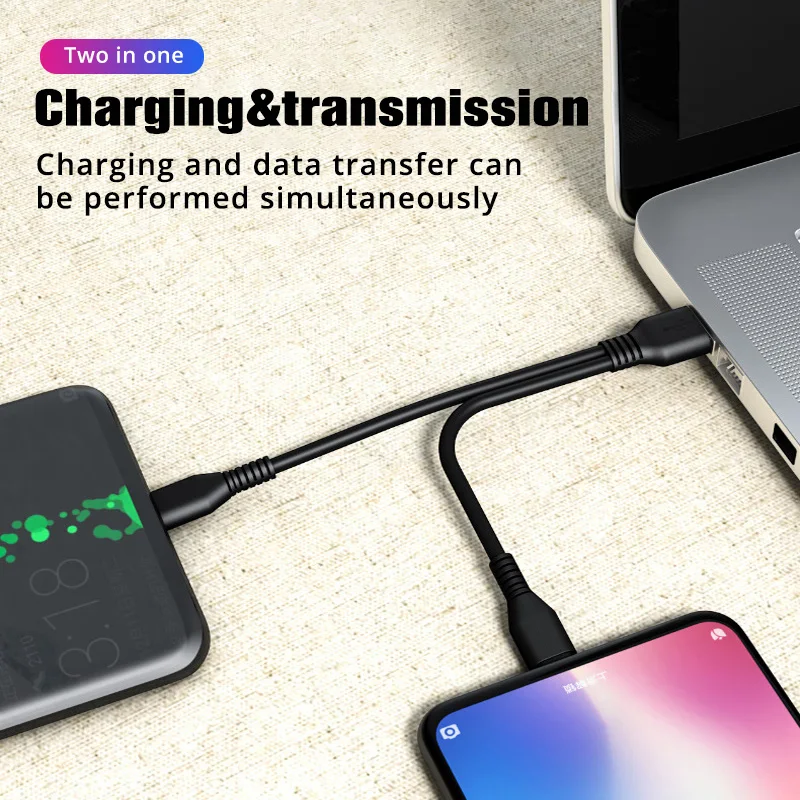 2 in 1 micro usb c cable mobile phone charger cable splitter usb short cable type c charge cord 2in1 data transfer android wires free global shipping