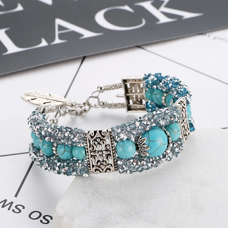 

Bohemian Blue Stone Beaded Rhinestone Bracelets for Women Retro Ethnic Charm Bracelets Bangle Trendy Female Accessories Jewelry
