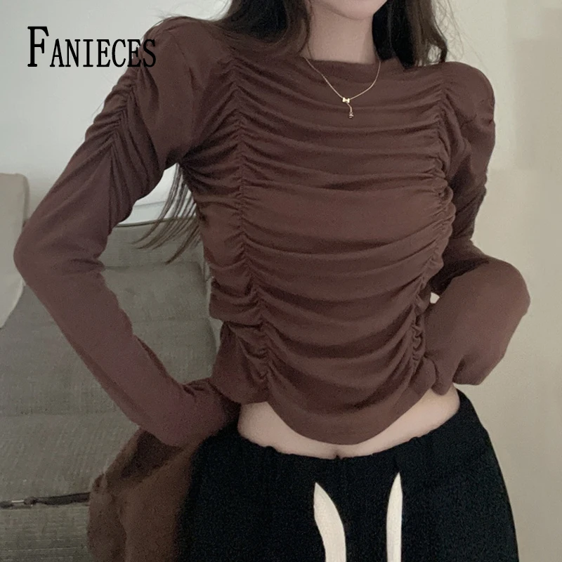 

Универсальная базовая однотонная женская футболка FANIECES с длинным рукавом, повседневная облегающая футболка, топы, V-образный вырез, складки...