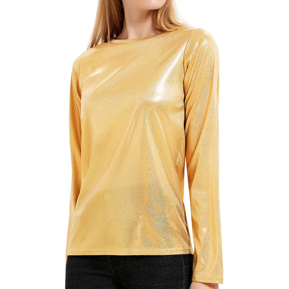 Женская Блестящая футболка с длинными рукавами блестящая голографическая