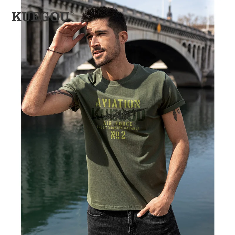 

KUEGOU 2022 Summer 100% Cotton Print Letter T Shirt Men Tshirt Brand T-shirt Short Sleeve Tee Shirt Fashion Clothes Top 90035