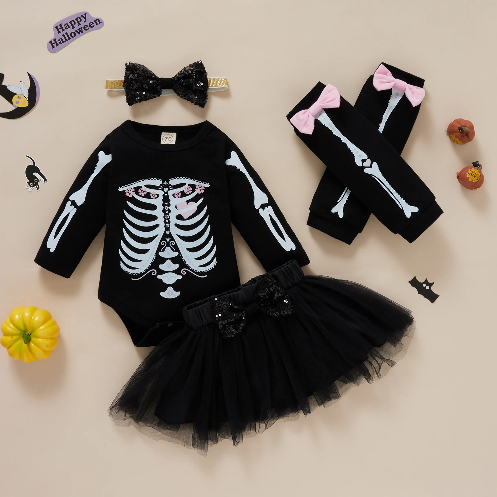 

Lioraitiin 01-12M Newborn Infant Baby Girls 4Pcs Halloween Clothes Set Skeleton Bow Knot Printed Pattern Romper Skirt