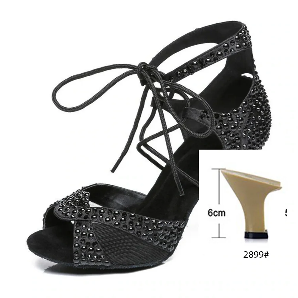 Women Latin Dance Shoes Ballroom Black Dancing Shoes Wedding Party Sandals Sexy Rhinestone Salsa Dance shoes for high heels