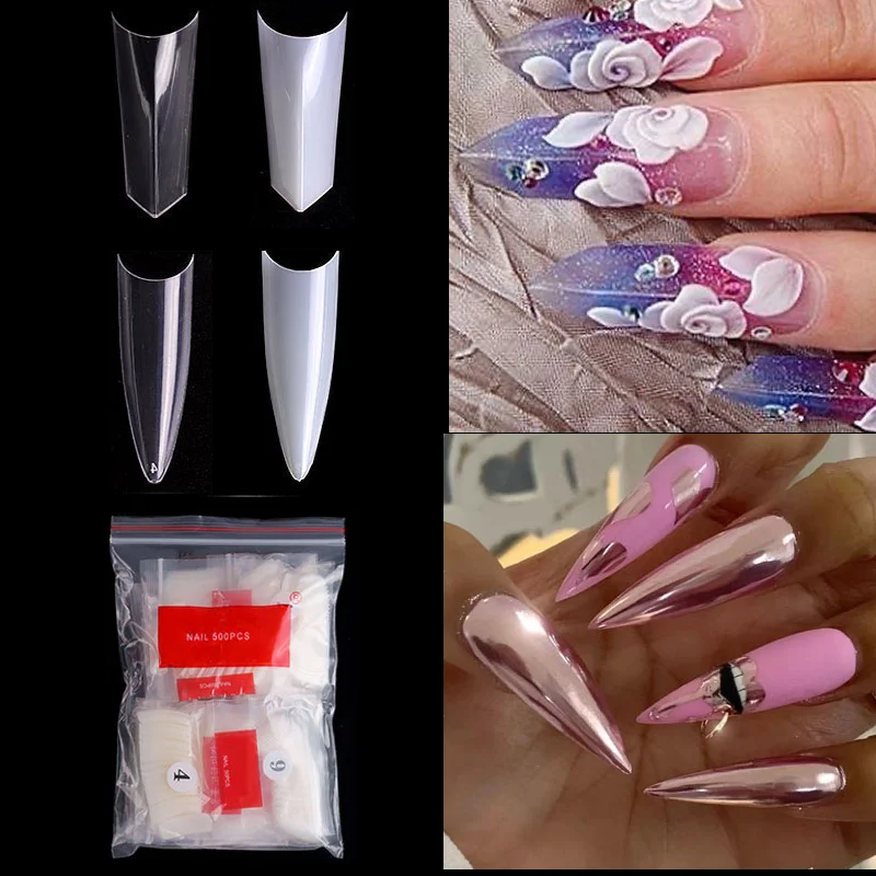 

500pcs/bag False Nail Tips Stiletto French Clear Natural Nails Tips Acrylic Fake Nails ABS Artificial 0-9 Nail Art Tool 10 Sizes