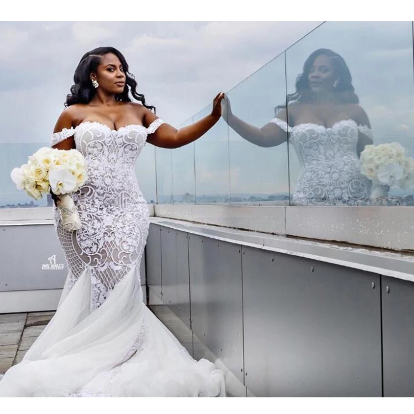 

Luxury Mermaid Wedding Dresses African Lace Off-Shoulder Bridal Gowns Sweep Train Tulle Dress Custom Size