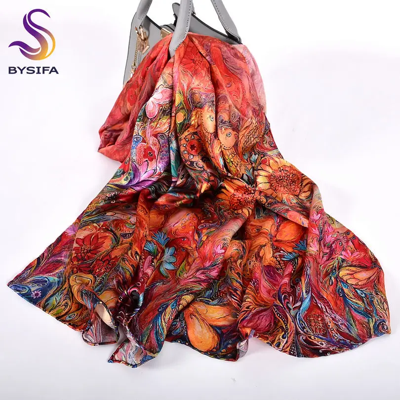 [BYSIFA] летний зимний женский длинный шарф из чистого шелка, модный бежевый белый Шелковый шарф-шаль с принтом бабочки - Цвет: red