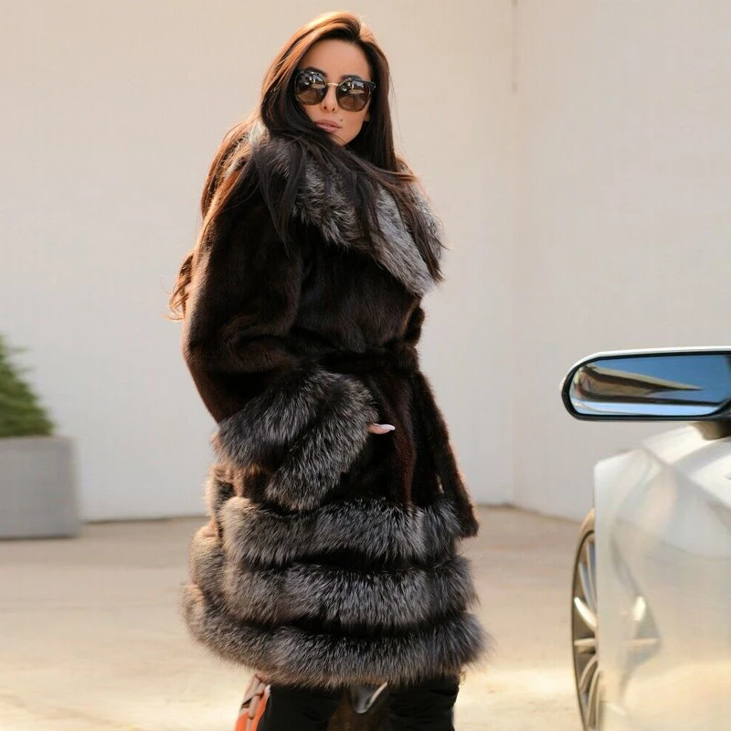 Luxury Natural Mink Fur Coat For Women WInter Long Genuine Mink Fur Jacket With Sliver Fox Fur Collar And Bottom Fashion Outwear