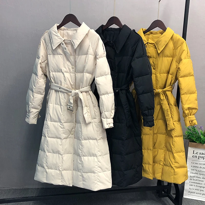 Куртка женская на белом утином пуху с ремнем зимняя теплая свободная 2020 | Женская