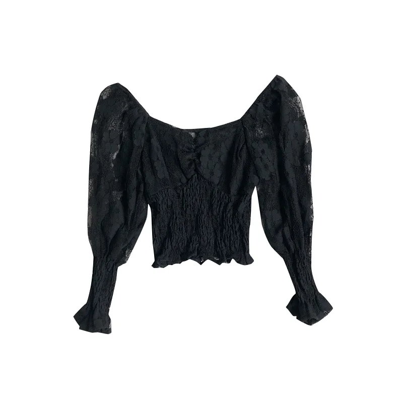 

Fitaylor Spring Summer Female Casual Square Collar Lace Puff Sleeve Short Tops Women Slim High Waist Solid Color Folds Shirts