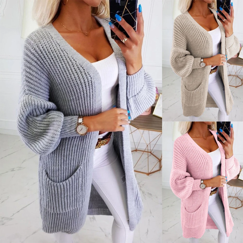 Женский зимний Кардиган с карманами однотонный длинный вязаный кардиган размера