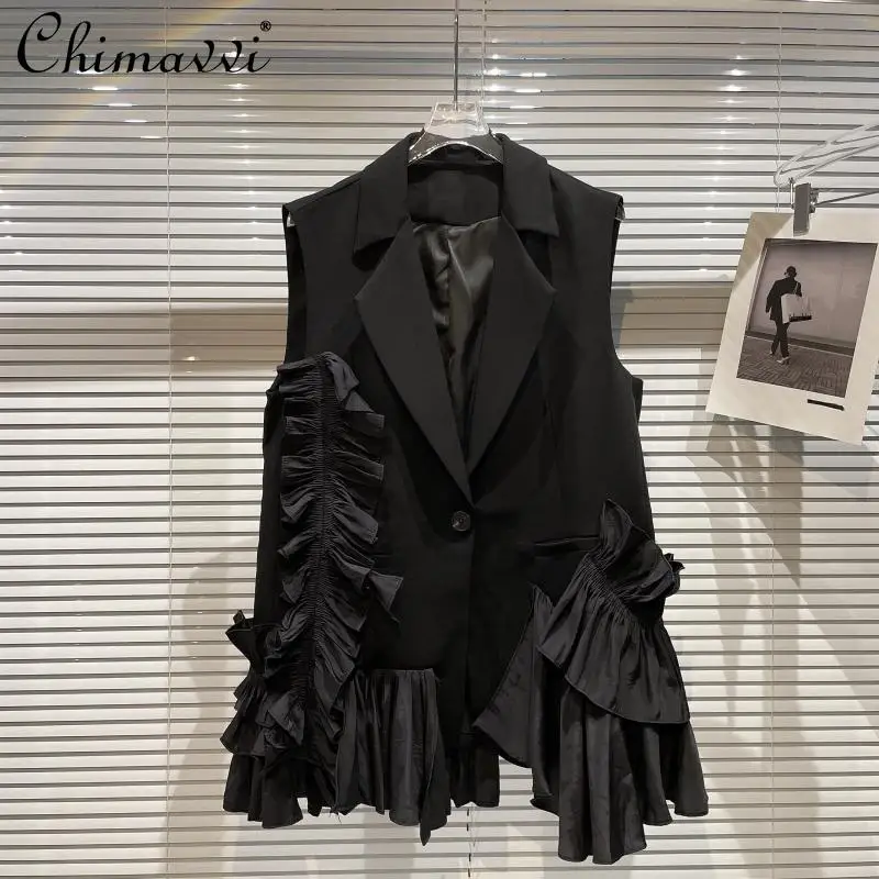 

2021 New Fall Women's Clothing Fashionable Pleated Lace Stitching Hem Suit Collar Blazer Vest Loose Simple Elegant Vest Feminine