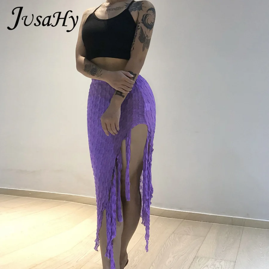 

Юбка-макси с бахромой и разрезом по бокам, однотонная, с высокой талией