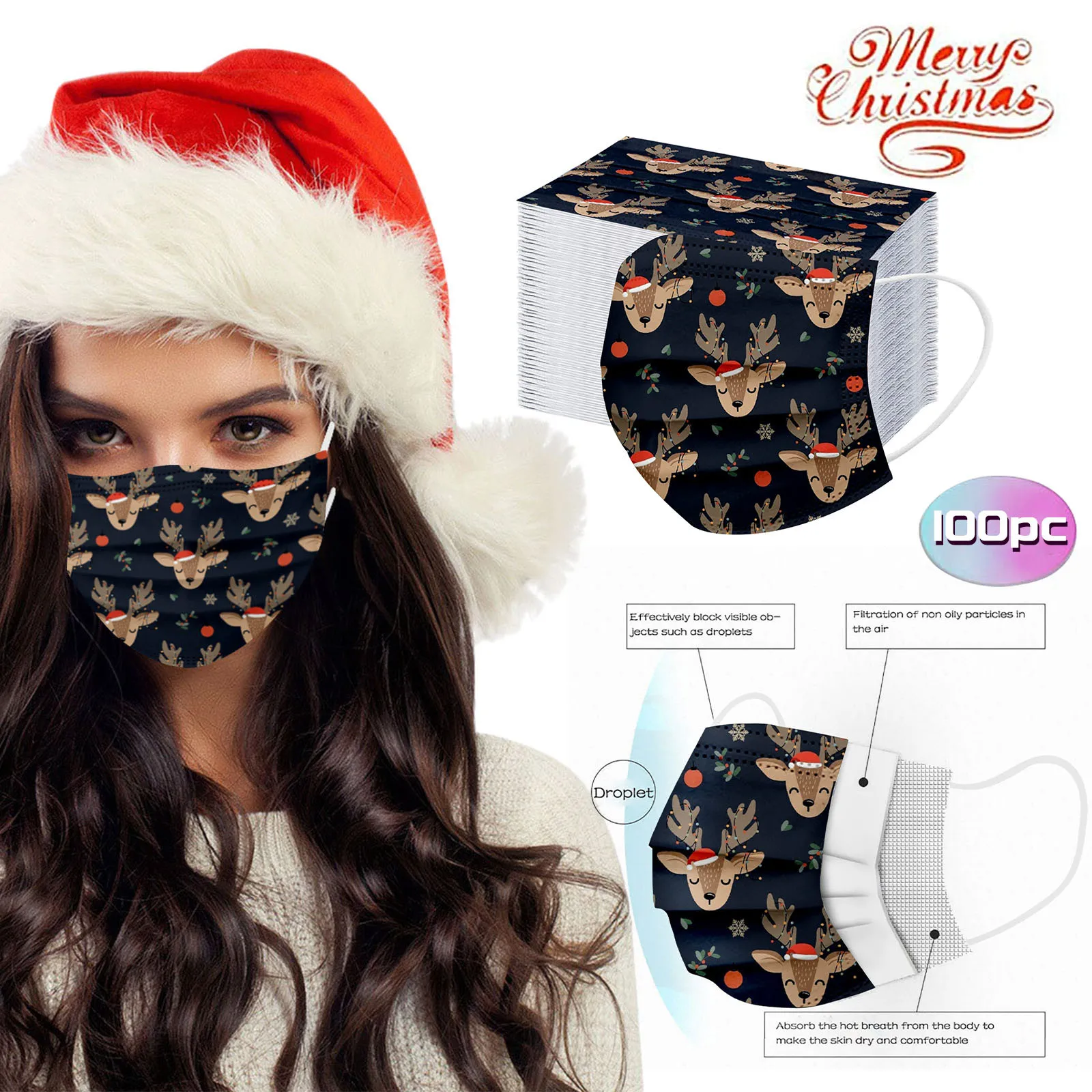 

10pcs Disposable Face Mask adult Christmas Elk Маска 3-ply Protective Masks for Women Fashion Halloween Cosplay Navidad Noel