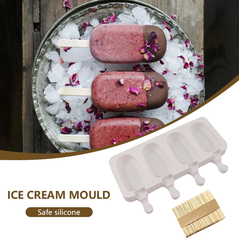 

1PC Icecream Mold Silicone 4 Cavities Ice Stick Oval Mold 50 Wooden Sticks Icecream Maker for DIY Freeze Fruit Dessert Chocolate