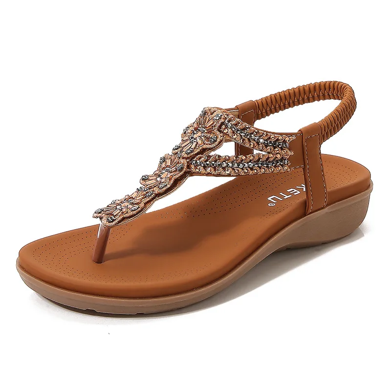 

COWCOM Summer Fashion Rhinestone Beaded Women's Shoes Soft And Comfortable Vacation Seaside Leisure Beach Sandals Women YSK