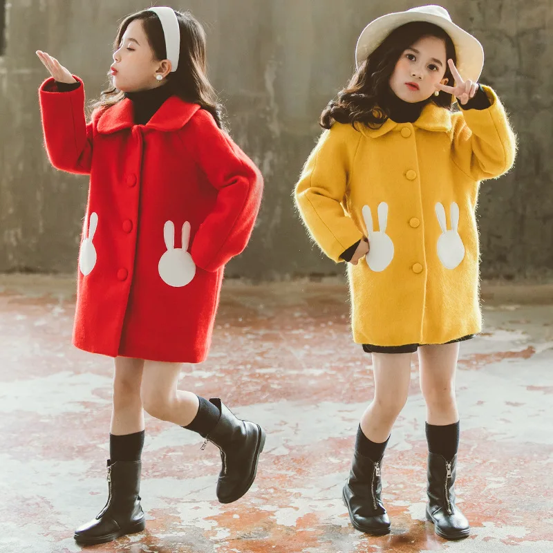 

Детское пальто зимняя одежда для девочек новое утепленное шерстяное пальто Длинная стильная теплая одежда с рисунком кролика 2020