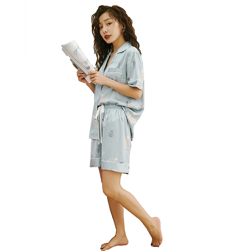 

Marple 2021 pajamas set pajamas for women summer imitation silk printing ice silk pajamas wholesale comfortable two-piece suit