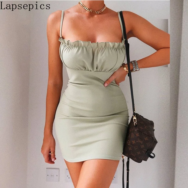 

Summer Women Solid Color Spaghetti Strap Sexy Bodycon Dress Elegant Party Dress