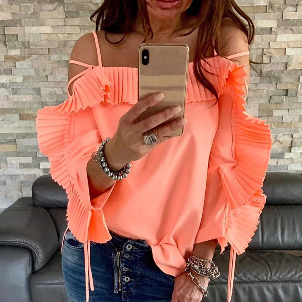 

Orange Red Sling Pleated Ruffles Women Blouse Party Streetwear Backless Sweet Sexy Girl European Popular Loose Chiffon Top