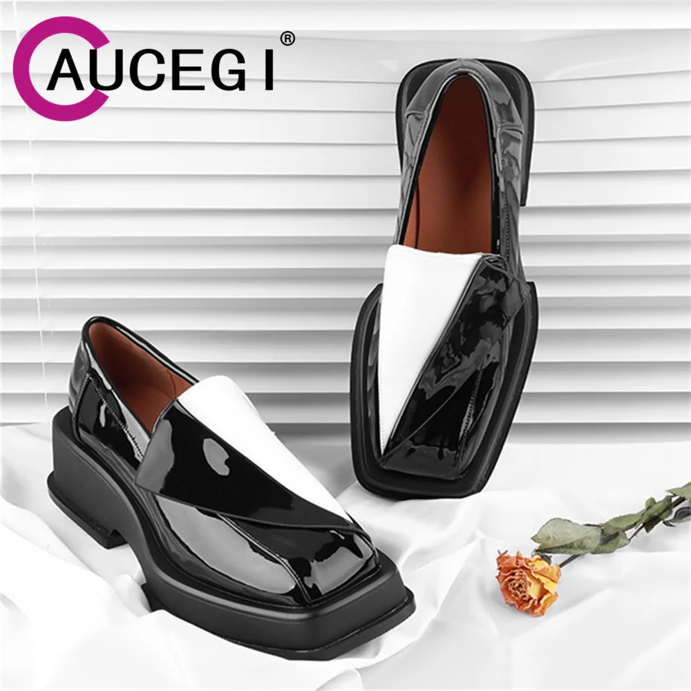 

Женские туфли-лодочки на массивном каблуке, из лакированной кожи