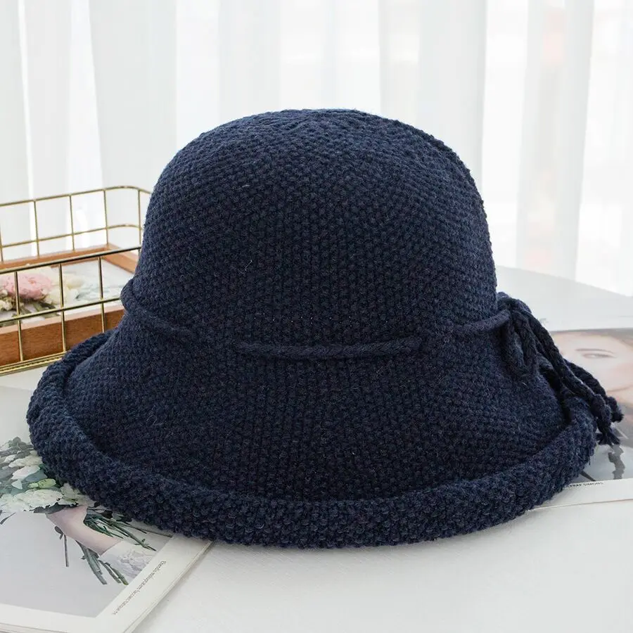 

Autumn Winter Hat For Women Fashion Bow Wool Knitted Hats Solid Warm Girls Bucket Caps Wide Brim Panama Fisherman Cap