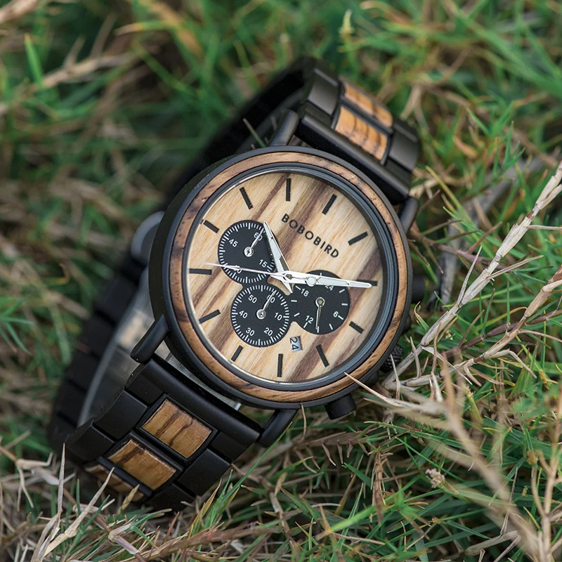 BOBO BIRD деревянные часы для мужчин Секундомер Хронограф relojes hombre Показать дату деревянные кварцевые наручные часы Мужские часы в подарочной коробке